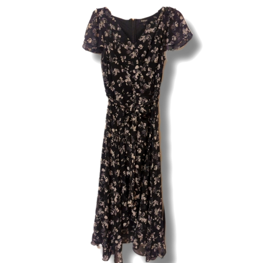 NWOT DKNY Size 10 Asymmetrical Dress with Tie at Waist Zip back Flutter Sleeve